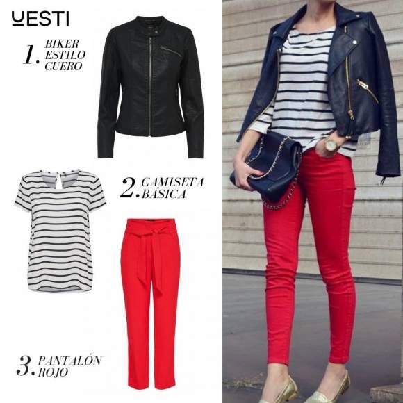 Look chaqueta de cuero con pantalón rojo