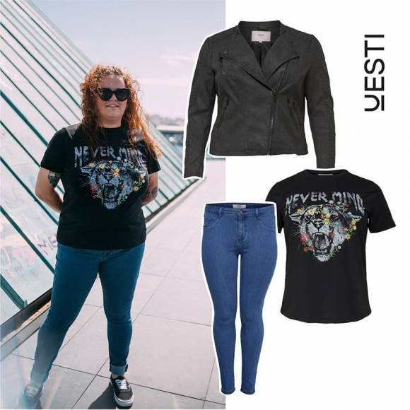 Camiseta estampada con jeans y chaqueta biker negra